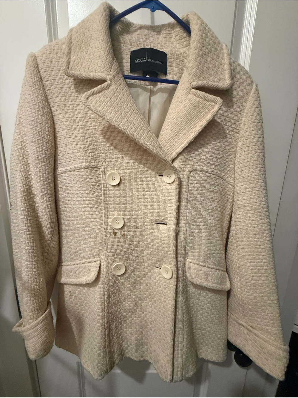 Moda International Ivory Textured Double Breasted Coat Jacket

Description